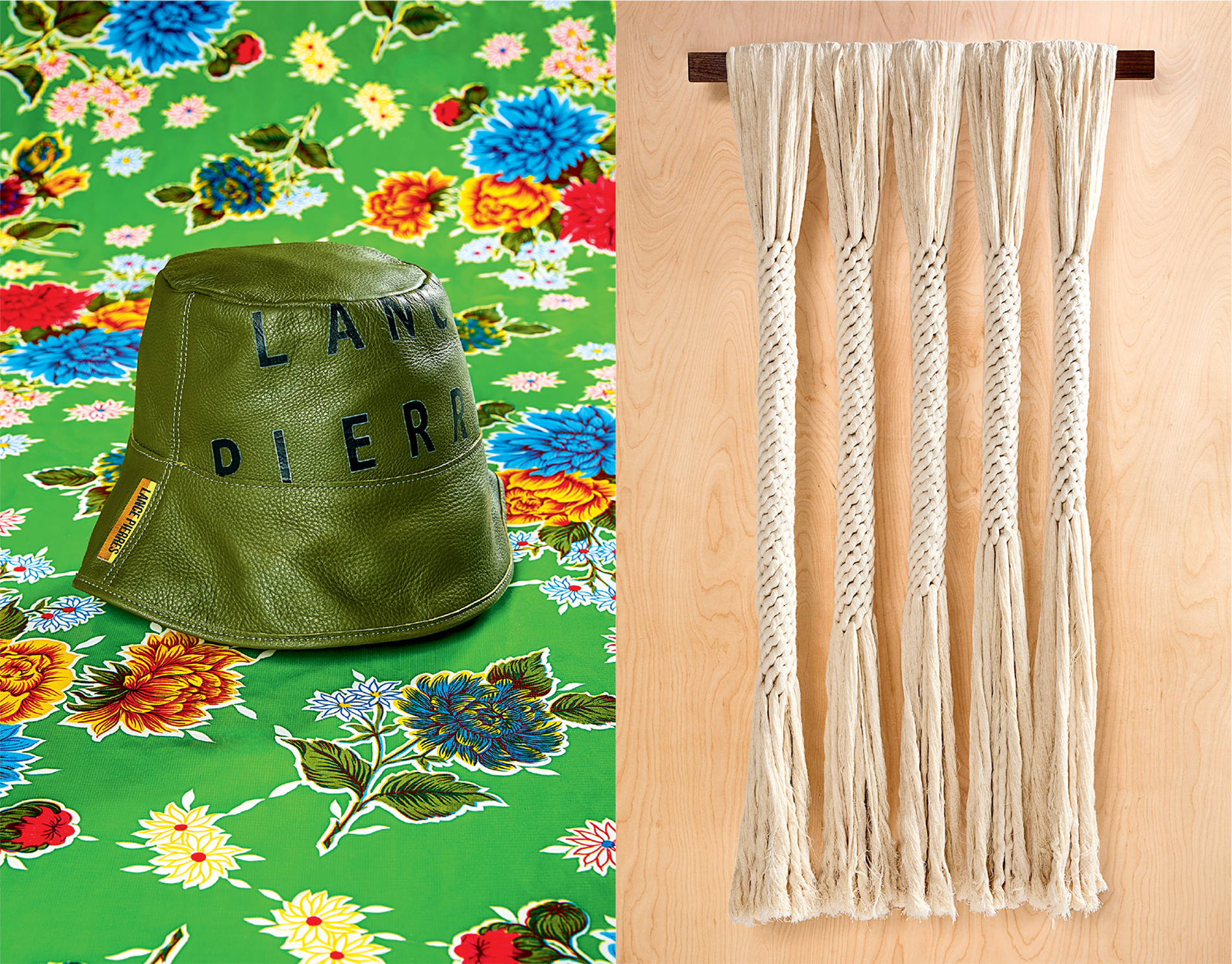 diptych with leather bucket hat and rope wall hanging